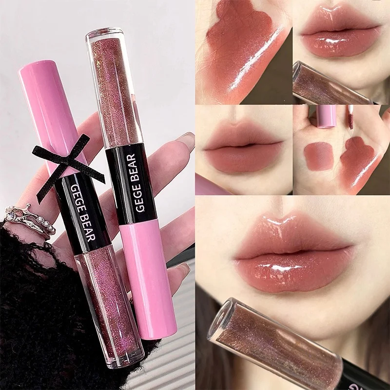 never-touch-up-again-dual-ended-matte-glossy-lip-stick-lasts-12-hrs-geg-hau2veg3-desc-1 dual ended lip gloss stick matte and glossy finish waterproof long lasting no touch up lip makeup in hand showing both sides